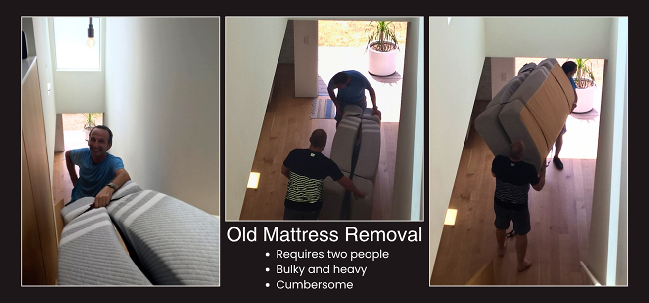 3 images showing stages of bulky mattress wedged in stairway for removal