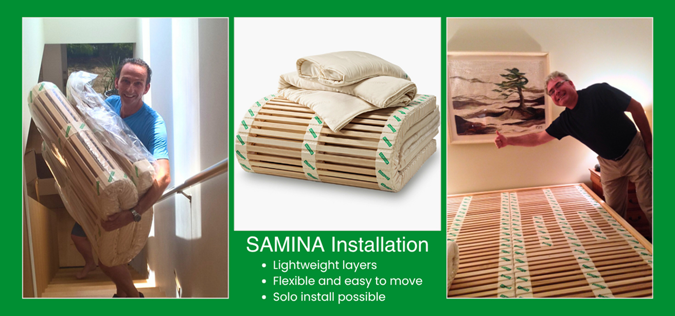 3 images showing one folded slats, man carrying slats, and happy samina customer with slats on bed